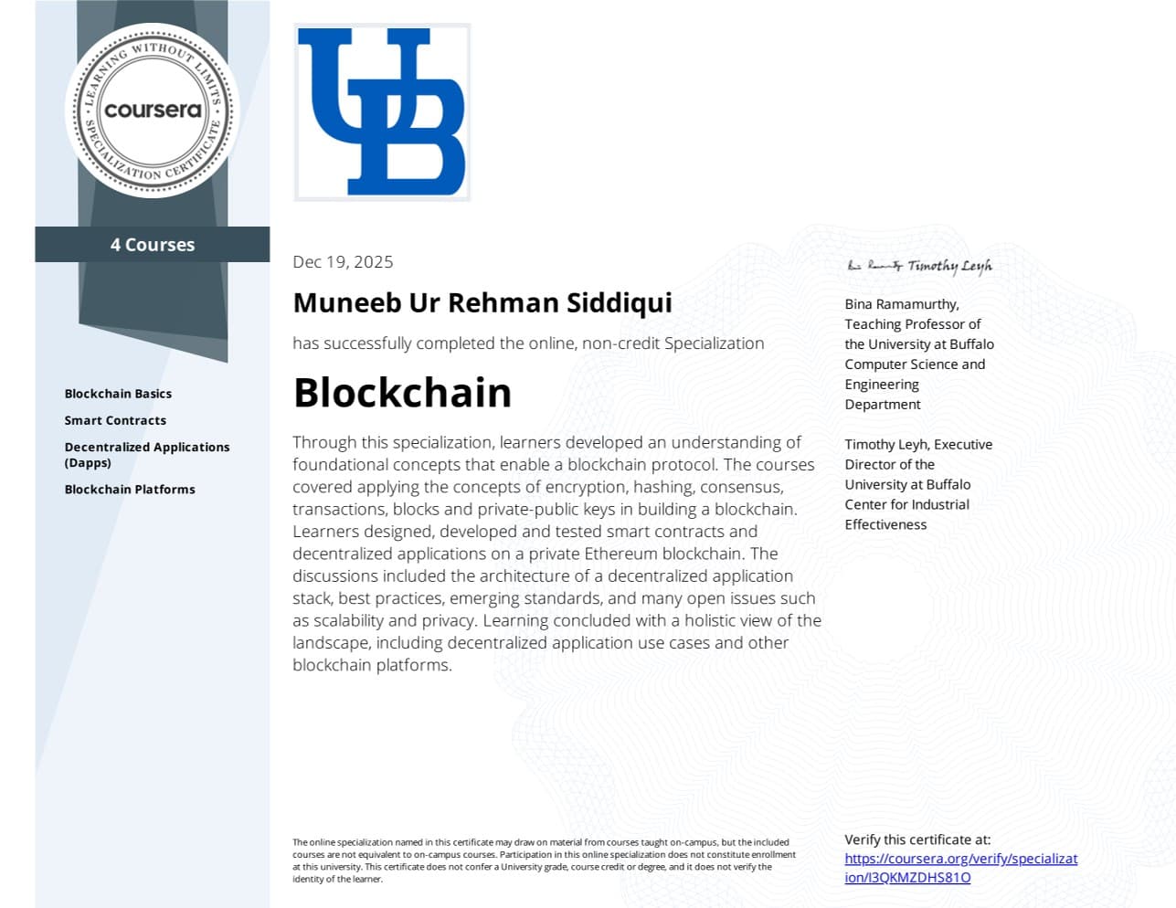 Blockchain Specialization certificate