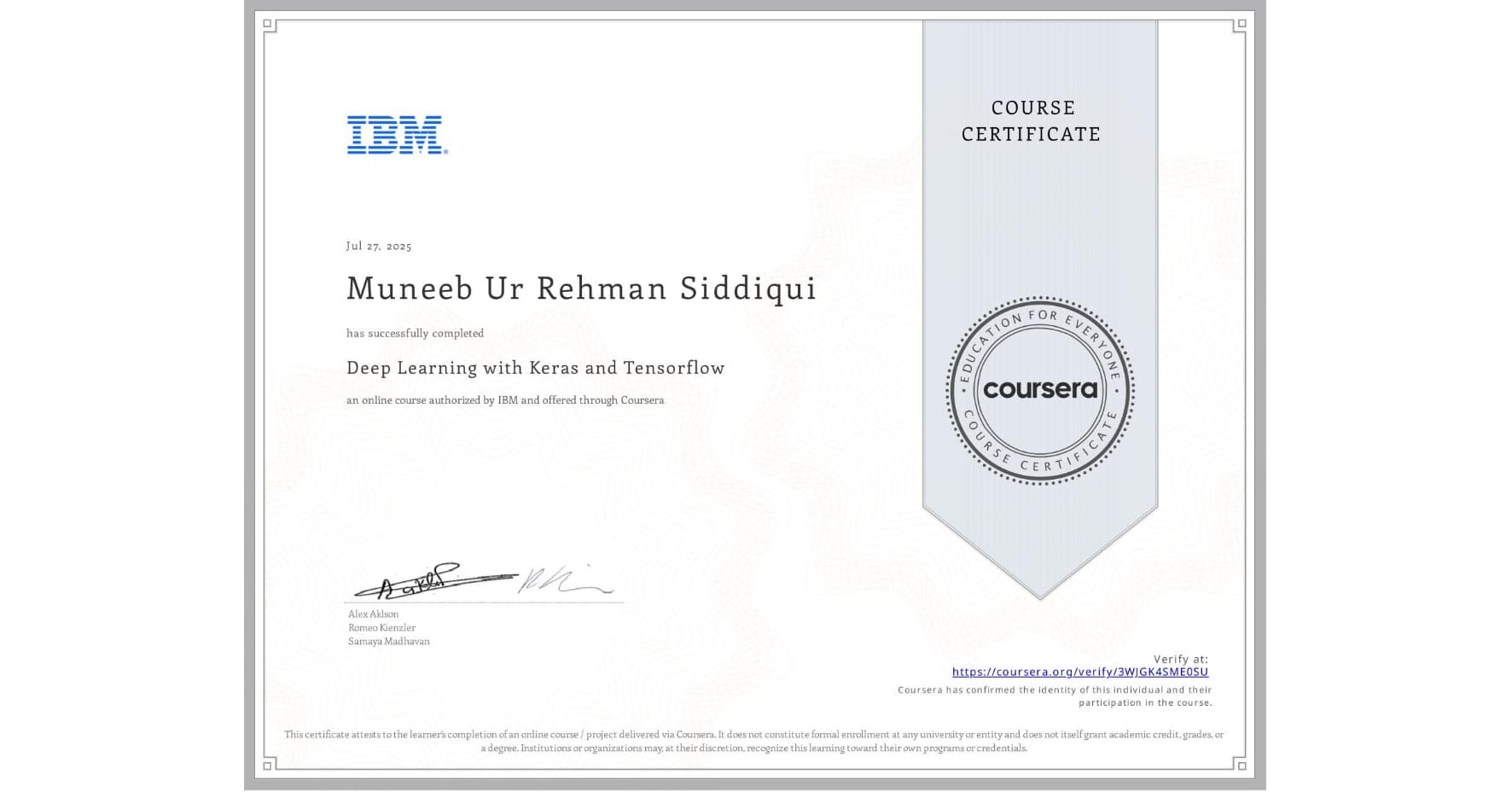 Deep Learning with Keras and Tensorflow certificate